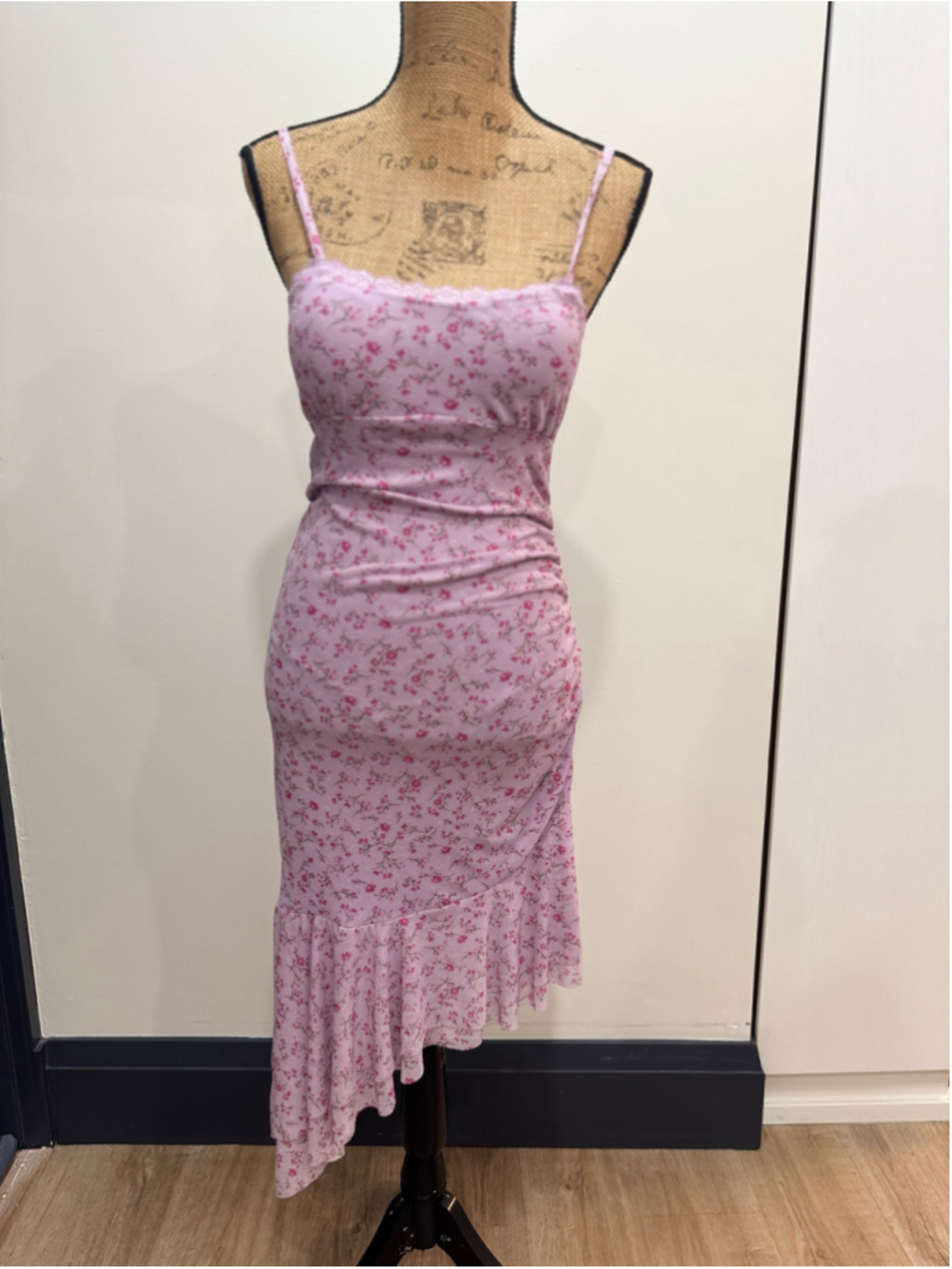 Wild Fable Asymmetrical Mesh Babydoll Midi Dress XS Pink Floral Ruched Coquette
